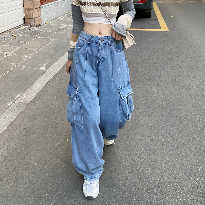 Retro Workwear Denim Women's Straight Loose Wide-leg Pants