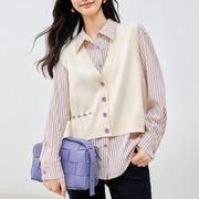 striped polo neck blouse and knitted vest set - MRSLM
