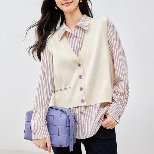 striped polo neck blouse and knitted vest set - MRSLM