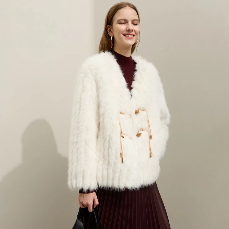 Elegant Loose Faux Fur V-neck Coat with Leather Buckle