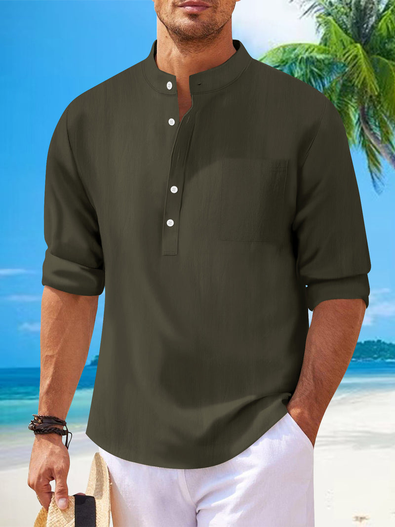 men's cotton stand collar long sleeve shirt, view 11 - MRSLM
