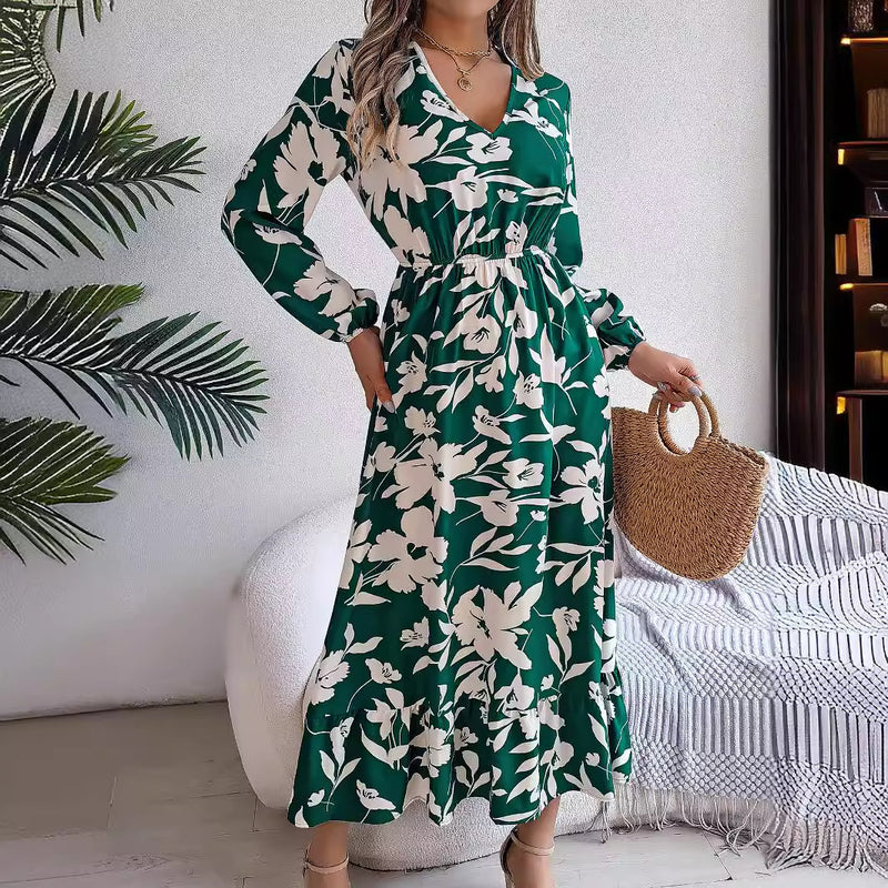 flower print ruffled long sleeve chiffon dress, view 4 - MRSLM
