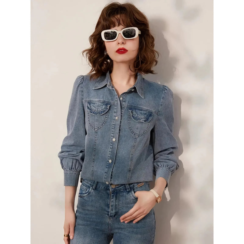turn-down collar denim blouse, view 3 - MRSLM
