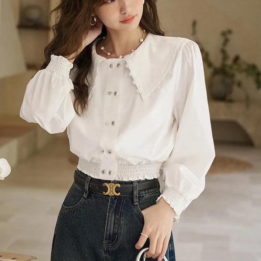 korean doll neck lace patchwork bubble sleeve top - MRSLM
