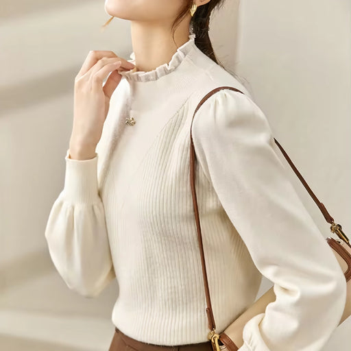 puff sleeve knit sweater with love brooch - MRSLM