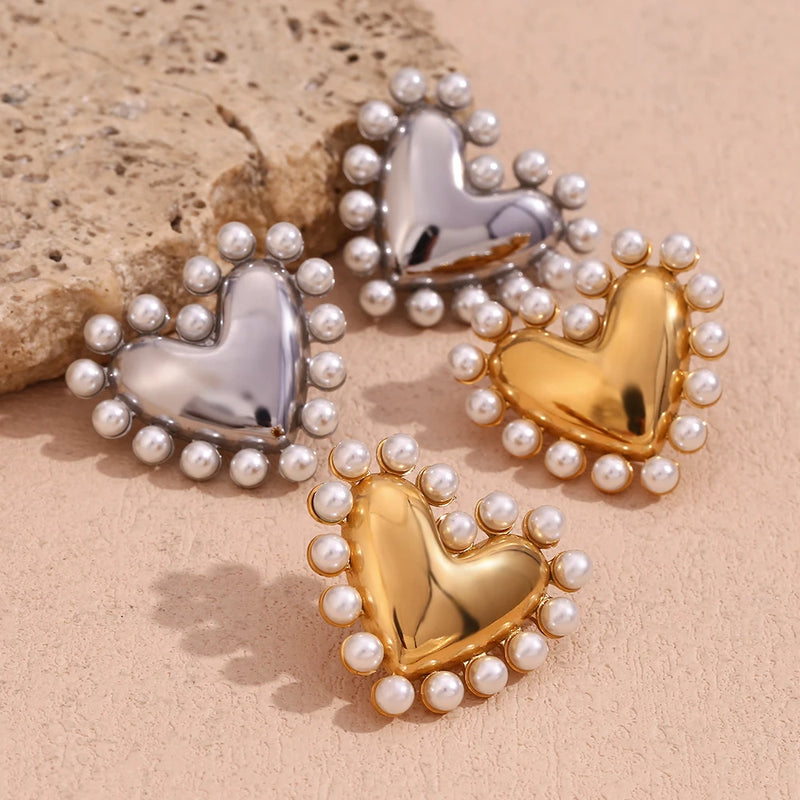 18K gold plated pearl heart hoop earrings, view 5 - MRSLM
