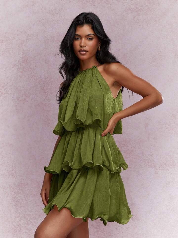 strapless ruffle trim midi dress, view 6 - MRSLM