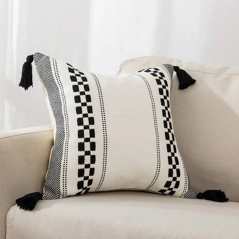 Black and white tassel cushion cover, view 2 - MRSLM