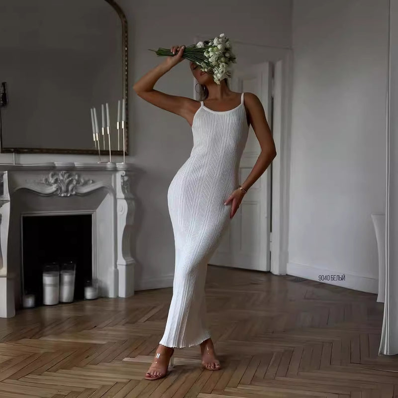 minimalist knitted suspender dress, view 2 - MRSLM