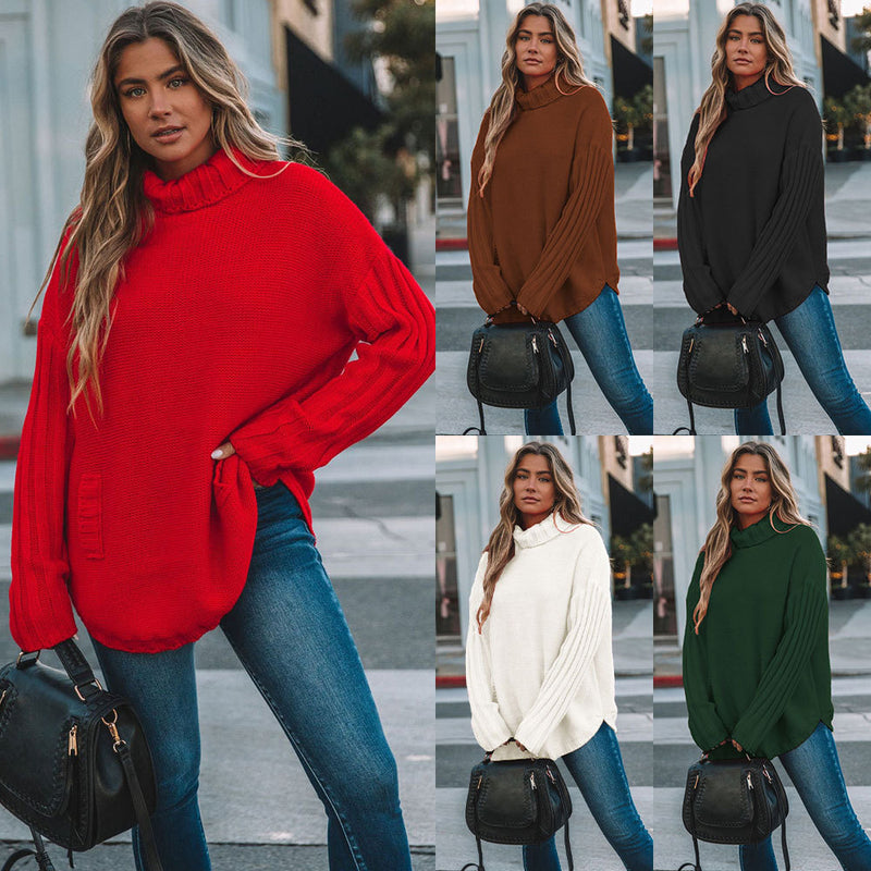 women's loose solid turtleneck knit sweater, view 8 - MRSLM