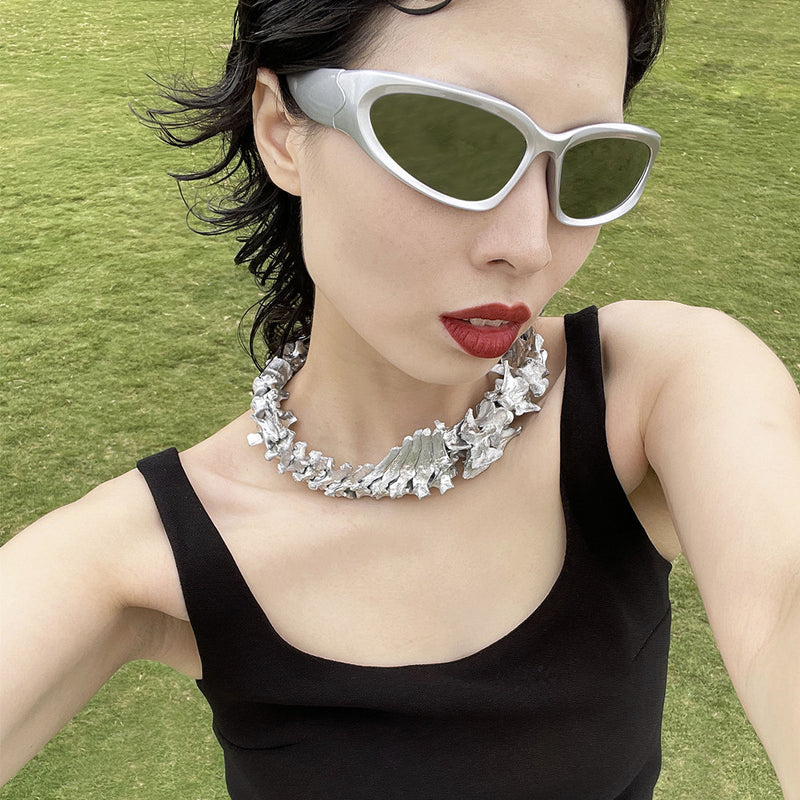 punk bone chain silver couple necklace - MRSLM