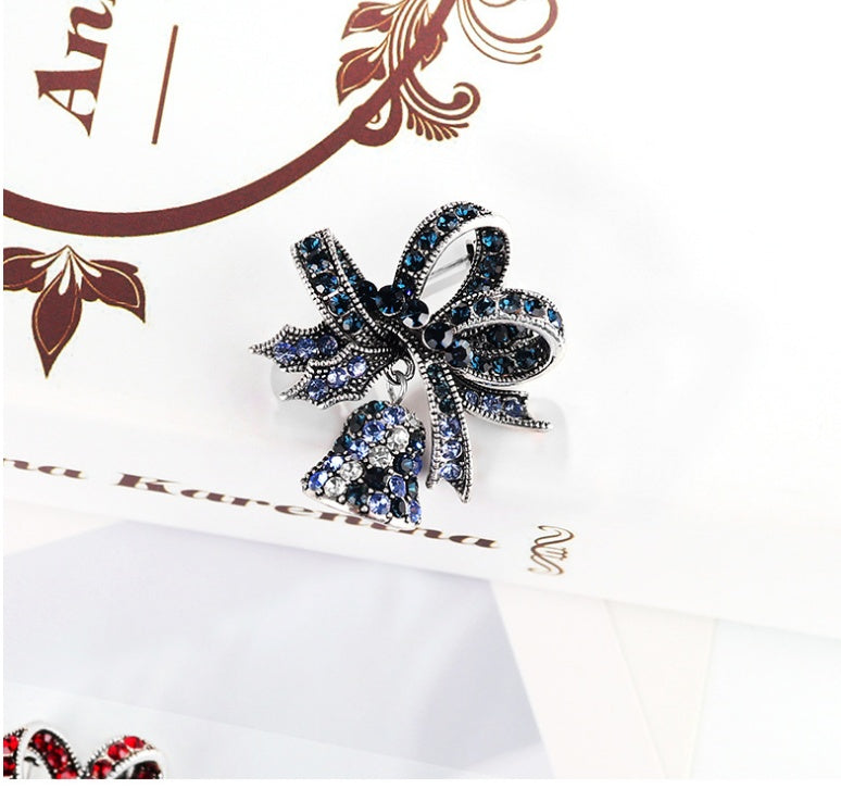 Vintage rhinestone Christmas bell brooch, view 2 - MRSLM