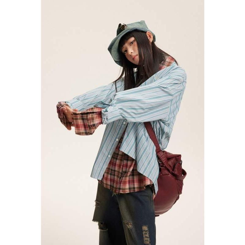 striped long sleeve blouse, view 5 - MRSLM
