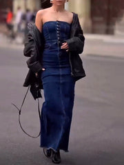 strapless button maxi dress, view 3 - MRSLM
