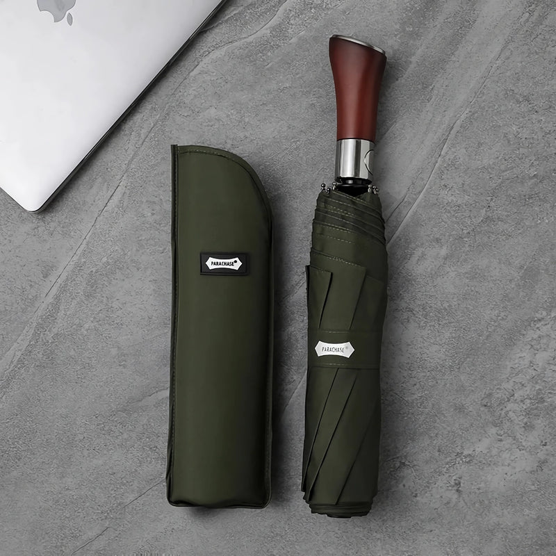 automatic folding umbrella with wooden handle, view 3 - MRSLM