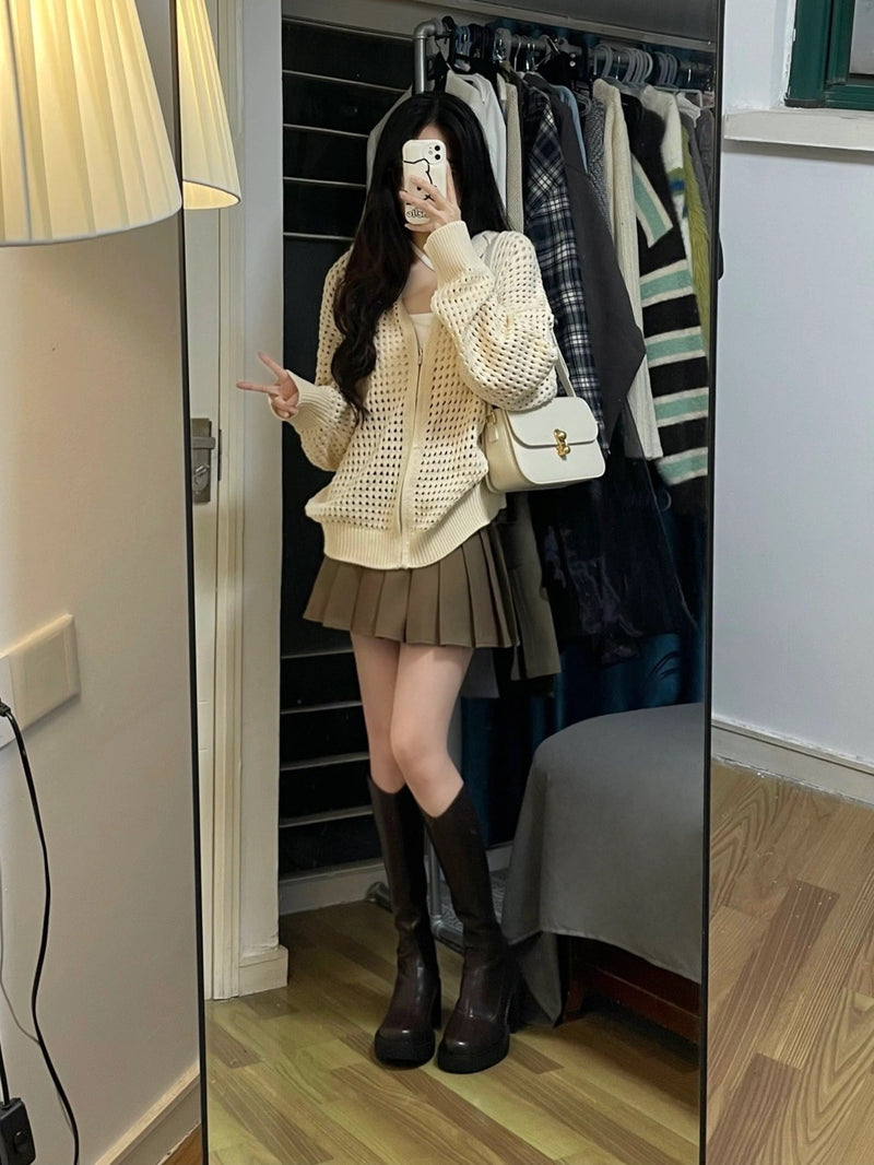 women's hollow-out hooded knit cardigan, view 4 - MRSLM