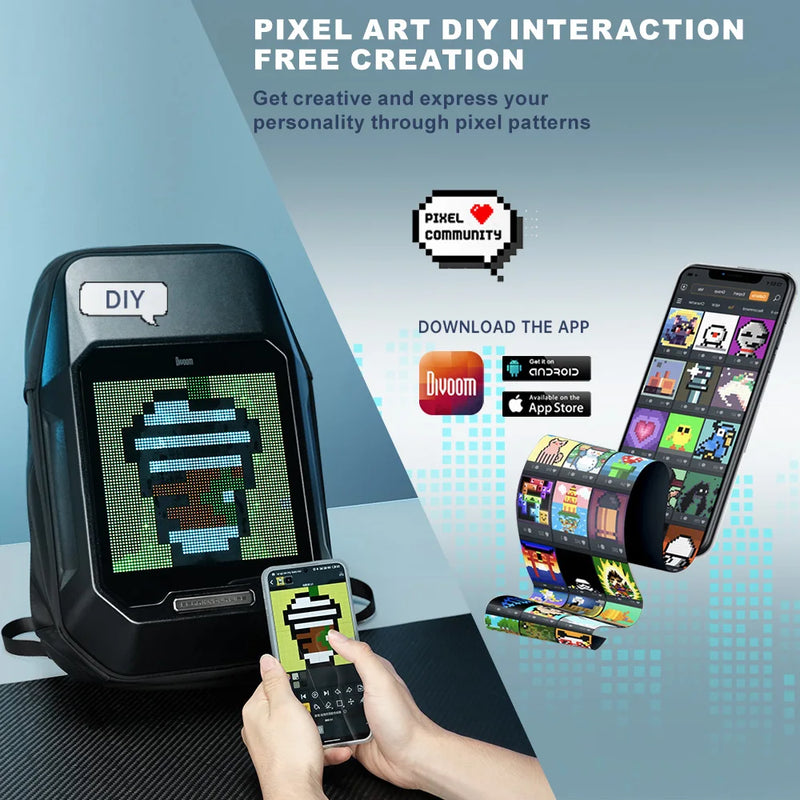 smart LED backpack with pixel art display, view 2 - MRSLM