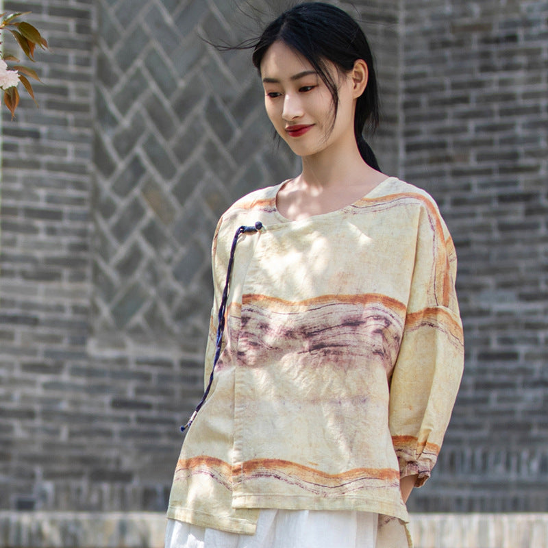 retro crane print linen zen shirt - MRSLM