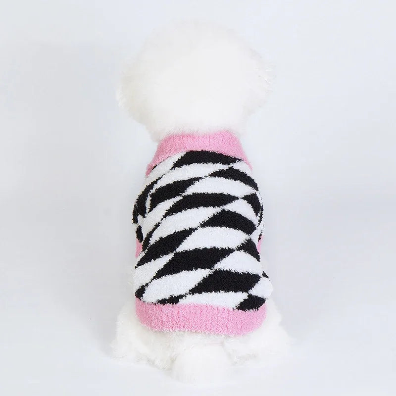 winter fleece dog sweater with rhombus print, view 7 - MRSLM