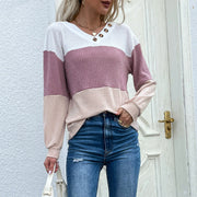 women's color block v-neck waffle knit pullover, view 2 - MRSLM
