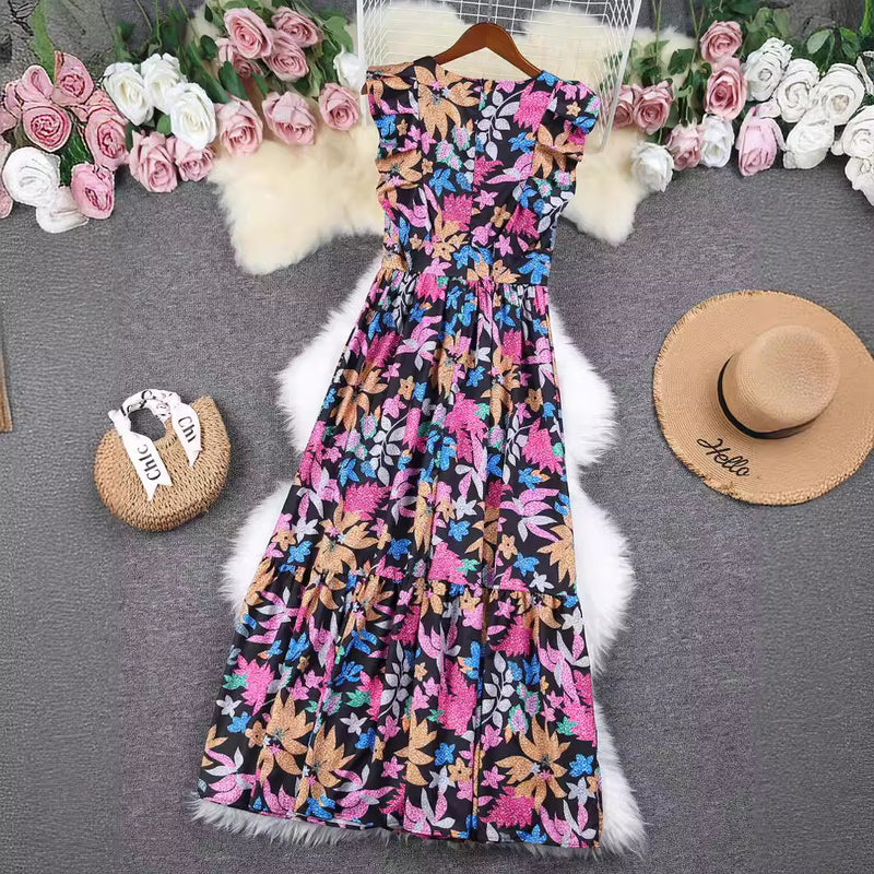 Printed deep V-neck sleeveless long dress, view 3 - MRSLM