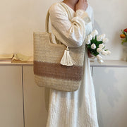 boho woven paper rope tote bag with tassels, view 5 - MRSLM