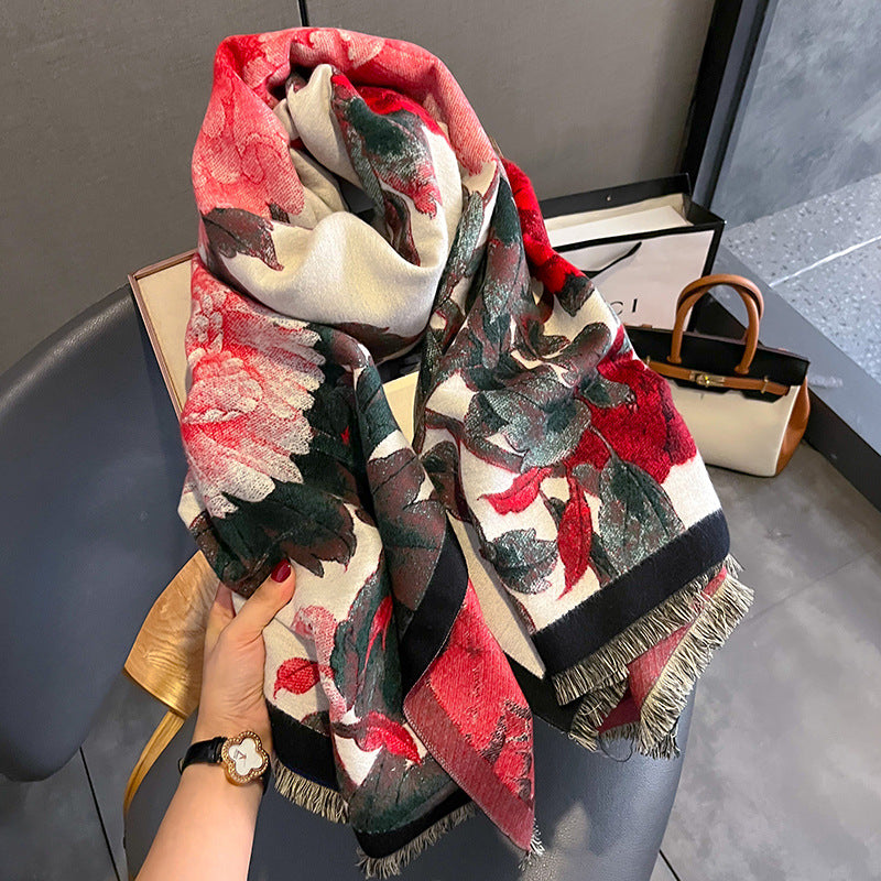 Women's Retro Floral Faux Cashmere Scarf