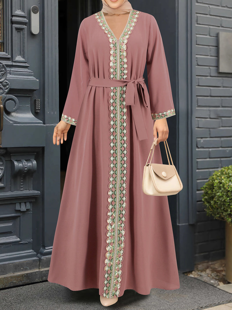 V-neck lace stitching long dress, view 3 - MRSLM