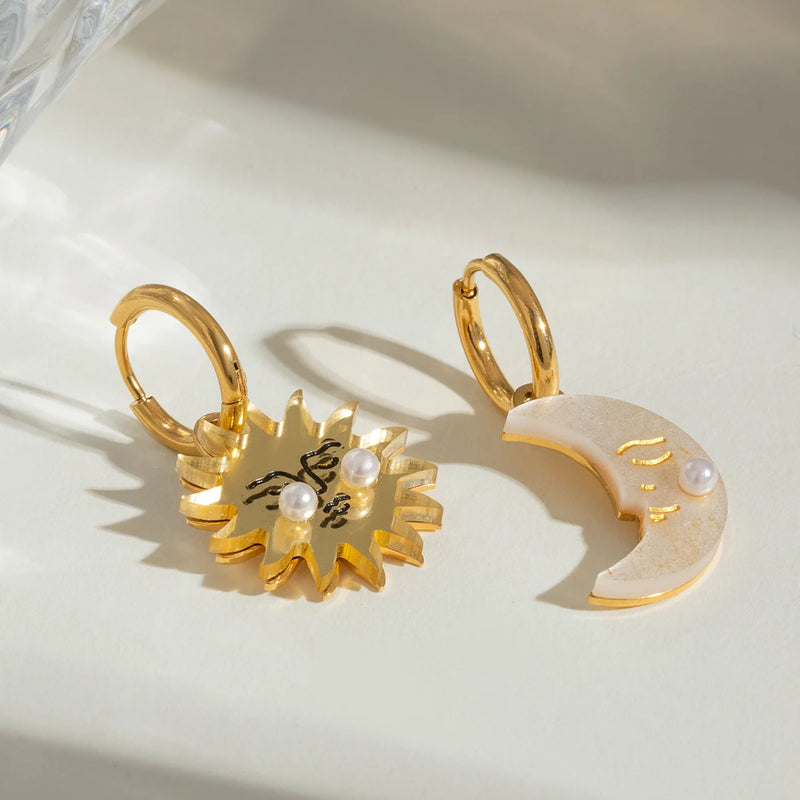 sun and moon shell pearl hoop earrings, view 3 - MRSLM