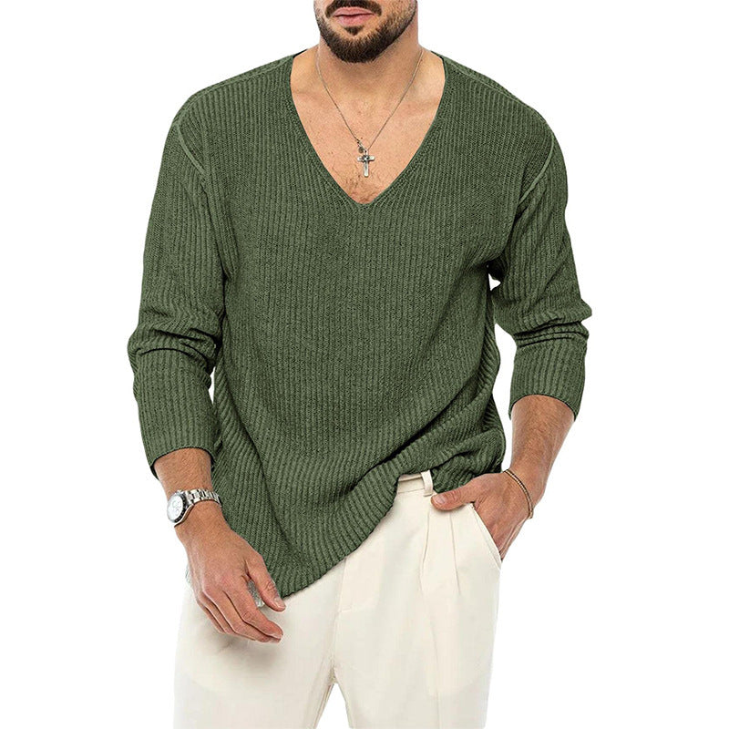 V-neck Sweater Men's Solid Color Long Sleeve Fashionable Knitted Sweater