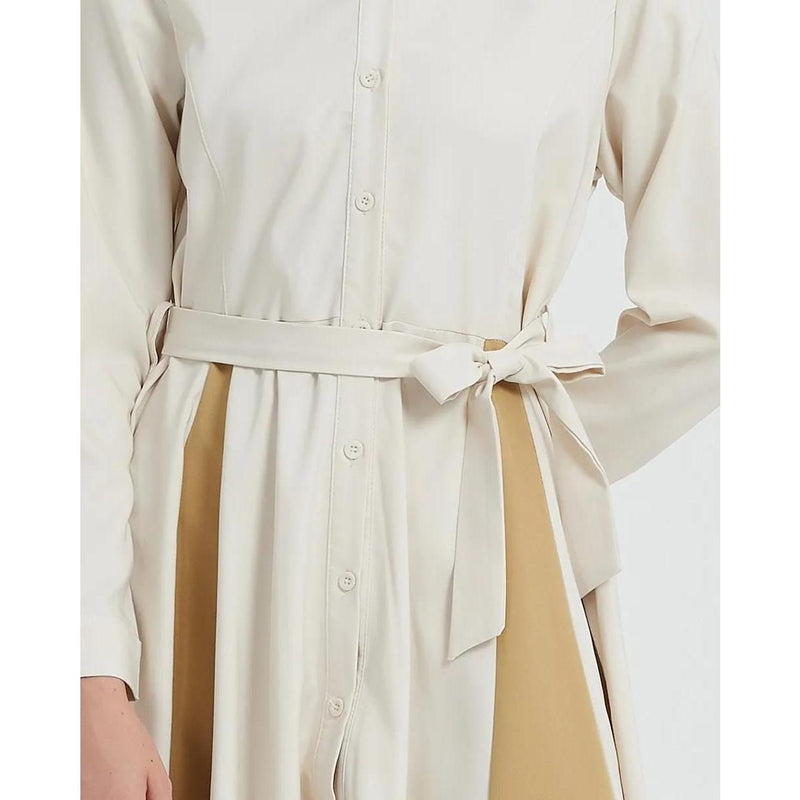 beige a-line long sleeve dress with belt, view 7 - MRSLM