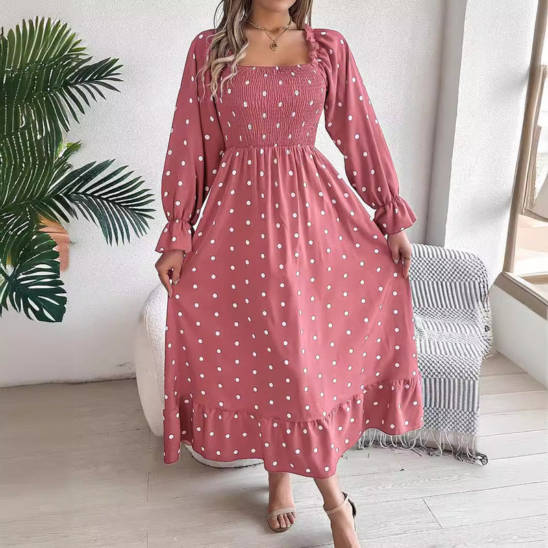 casual square collar polka dot swing dress, view 2 - MRSLM
