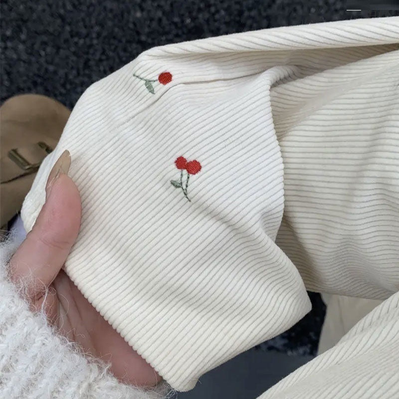 Retro Cherry Embroidered Corduroy Straight Casual Trousers