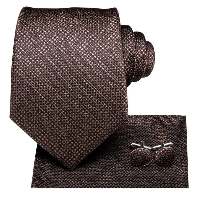 brown silk necktie set with pocket square and cufflinks, view 6 - MRSLM