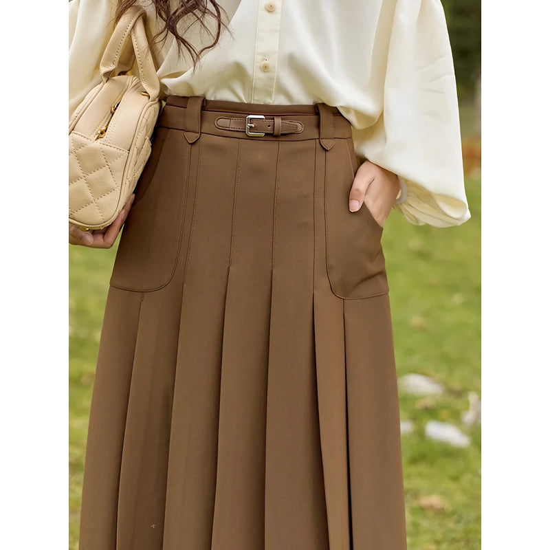 High waist pleated A-line skirt with belt, view 5 - MRSLM
