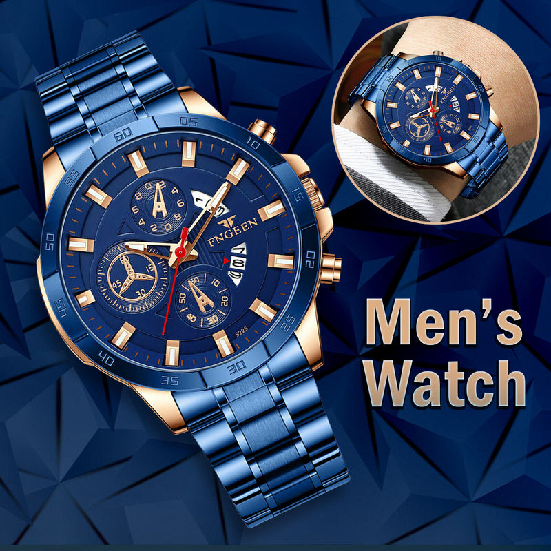 men's blue dial stainless steel quartz watch, view 4 - MRSLM