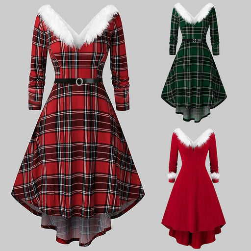 christmas plaid v-neck dress - MRSLM