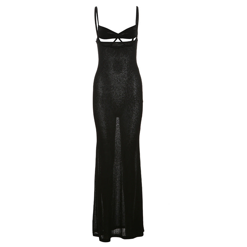 Deep V strap hollow slim fit dress, view 6 - MRSLM