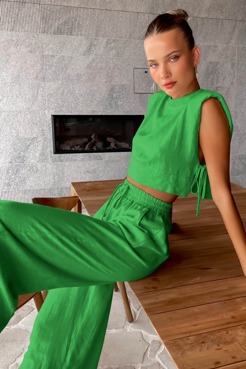 women's cotton linen sleeveless top and trousers set, view 3 - MRSLM
