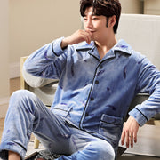 Men's flannel lounge robe cardigan set, view 12 - MRSLM