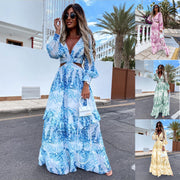 hollow floor v-neck plant dress, view 2 - MRSLM
