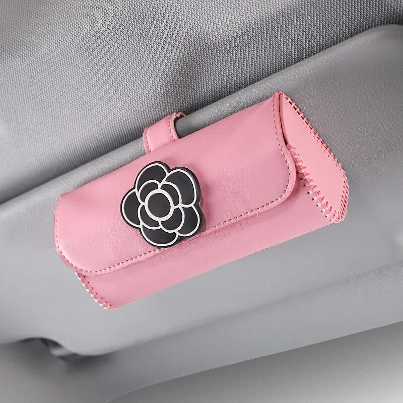 camellia flower leather car visor sunglasses holder, view 2 - MRSLM