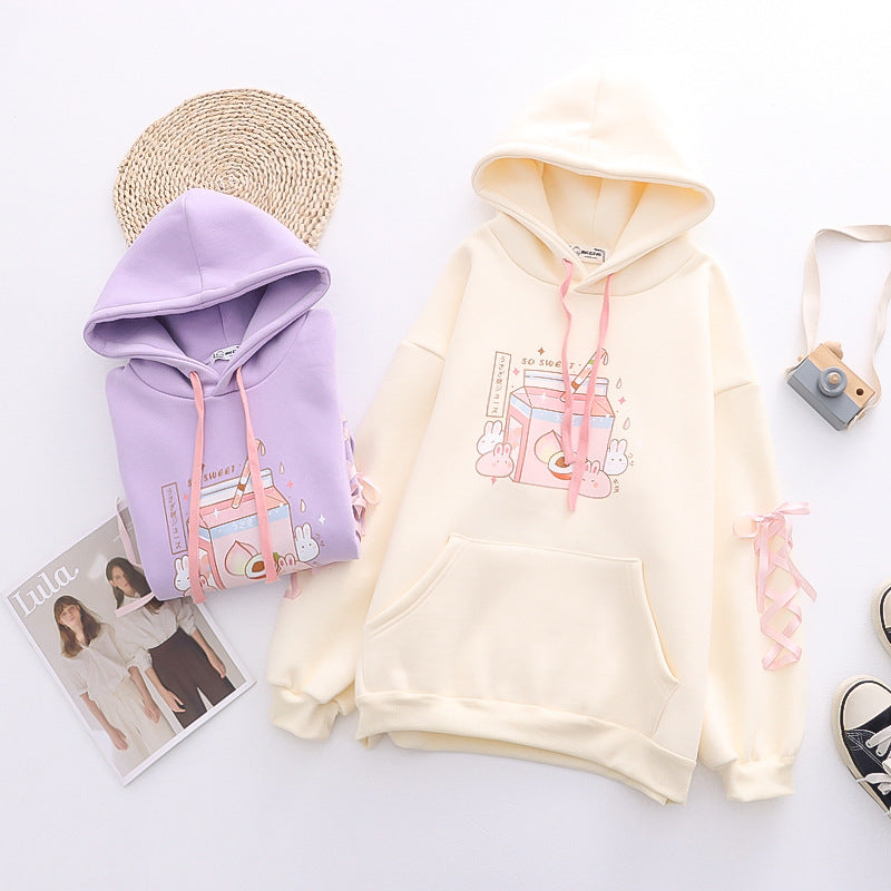 cartoon bunny peach drink fleece hoodie, view 9 - MRSLM