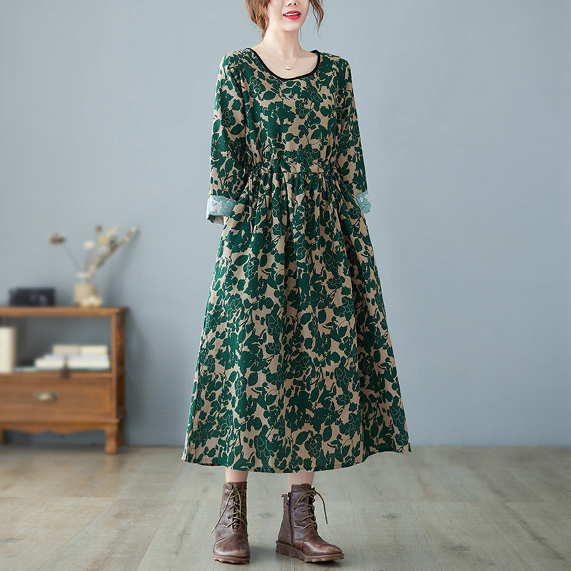 retro art floral print cotton linen dress, view 4 - MRSLM