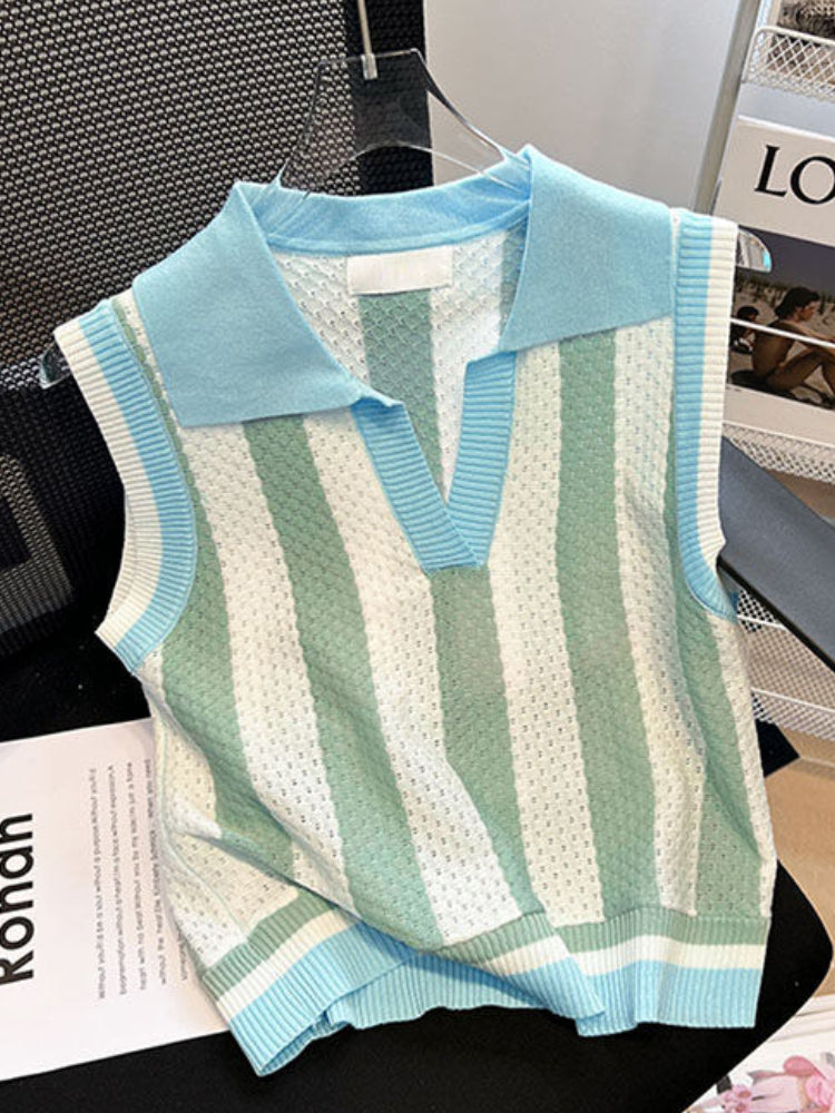 women's striped polo collar sleeveless knit vest, view 9 - MRSLM