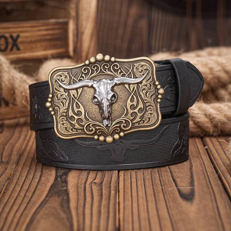 western cowboy pu leather belt with bull decoration, view 5 - MRSLM