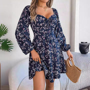 floral lace-up square collar long sleeve dress, view 4 - MRSLM
