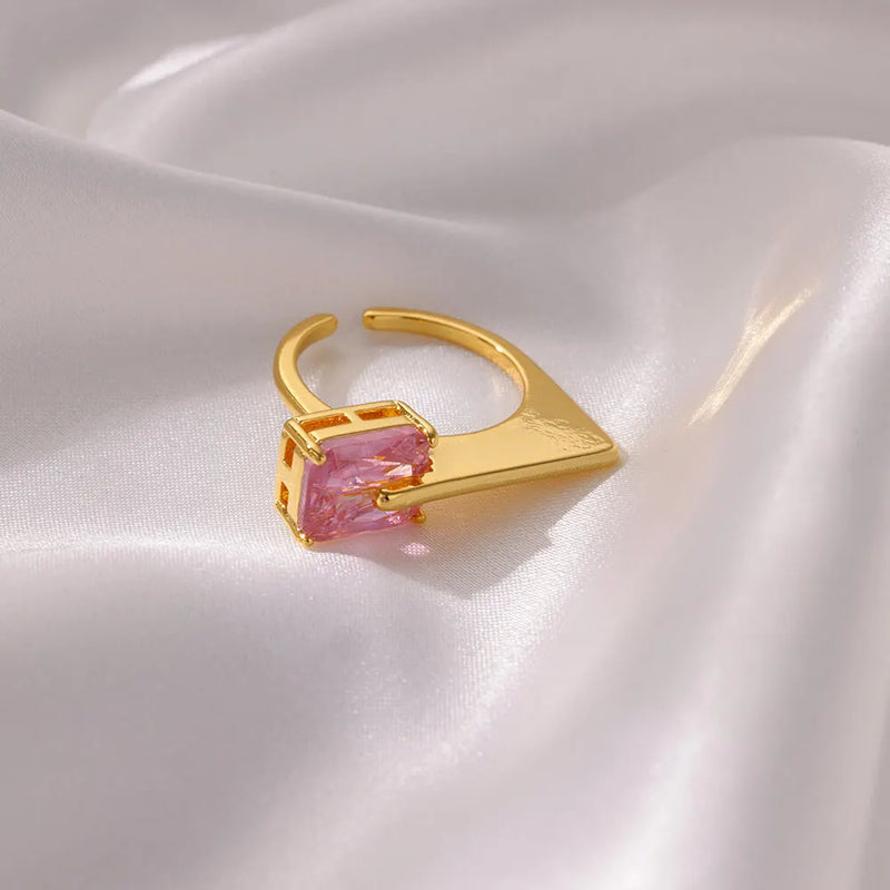 pink square zircon gold-plated ring, view 4 - MRSLM