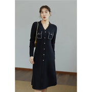 black v-neck knitted a-line dress, view 8 - MRSLM