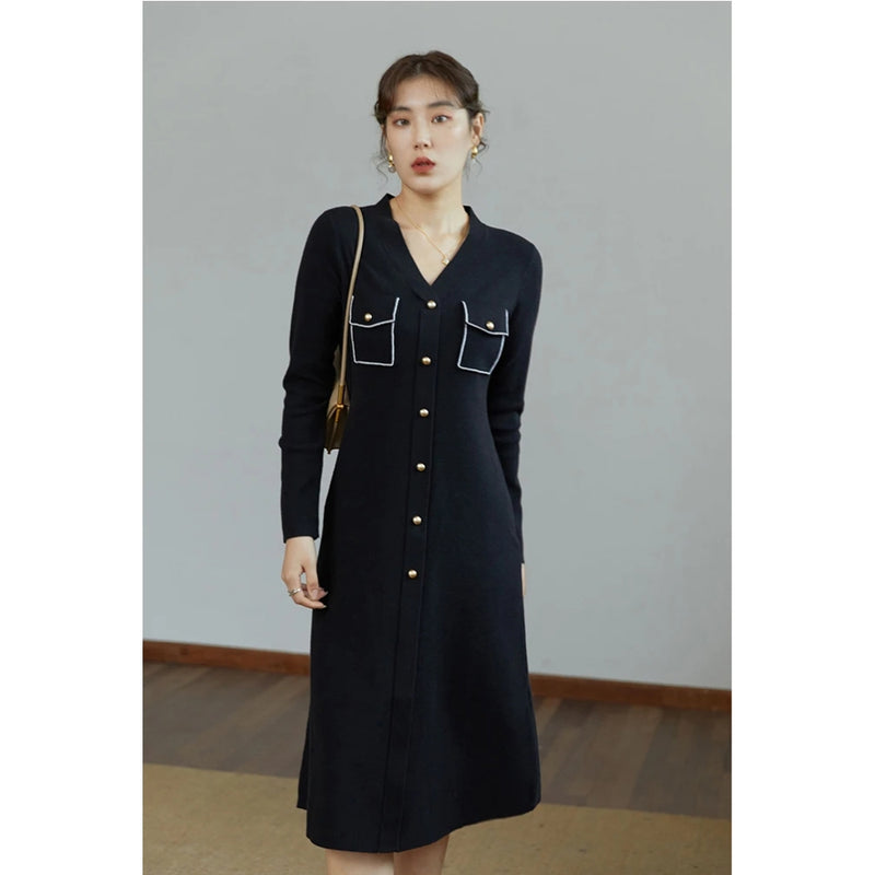 black v-neck knitted a-line dress, view 8 - MRSLM